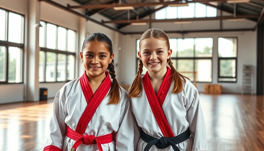 Kids martial arts class in Gurnee, two smiling girls in a dojo.
