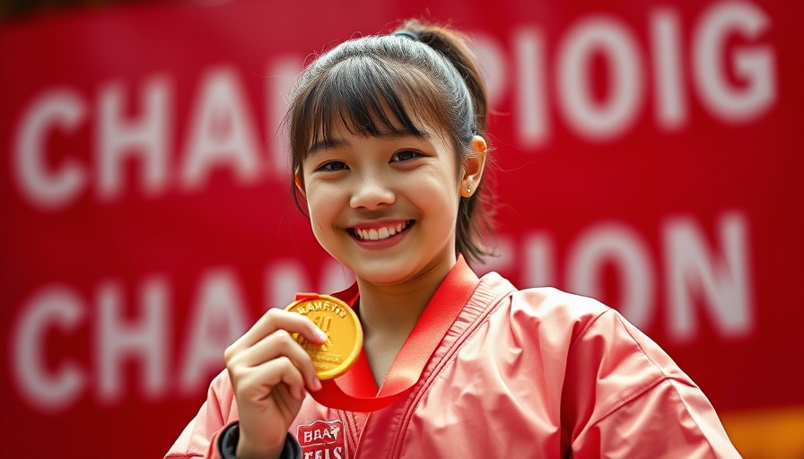 Young female celebrating with a gold medal, related to martial arts classes Gurnee.