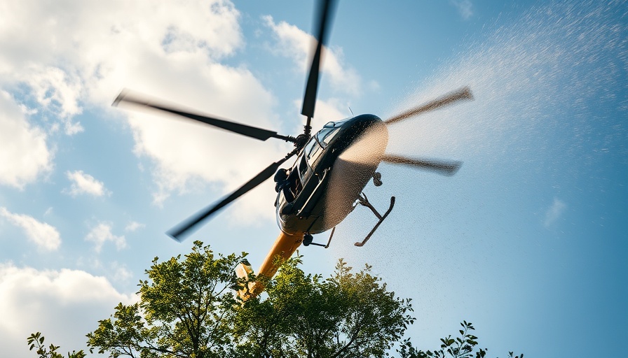 Helicopter used for tree trimming maneuvering in the sky.