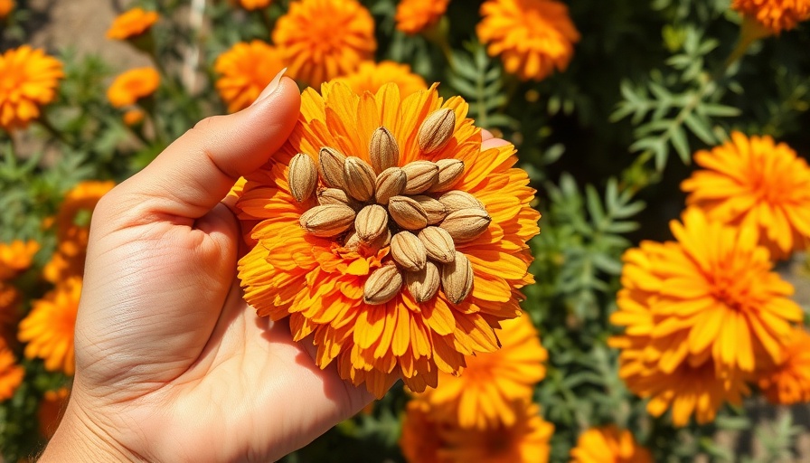 Person collecting marigold flower seeds in a sunny garden.
