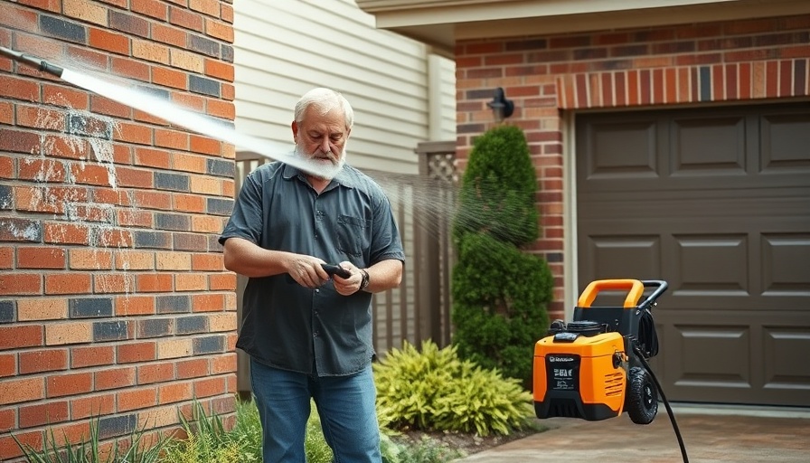Man cleaning with 3000 PSI electric pressure washer on brick wall.