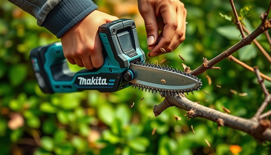 Makita 40V max XGT 6-inch Pruning Saw slicing through branch outdoors.