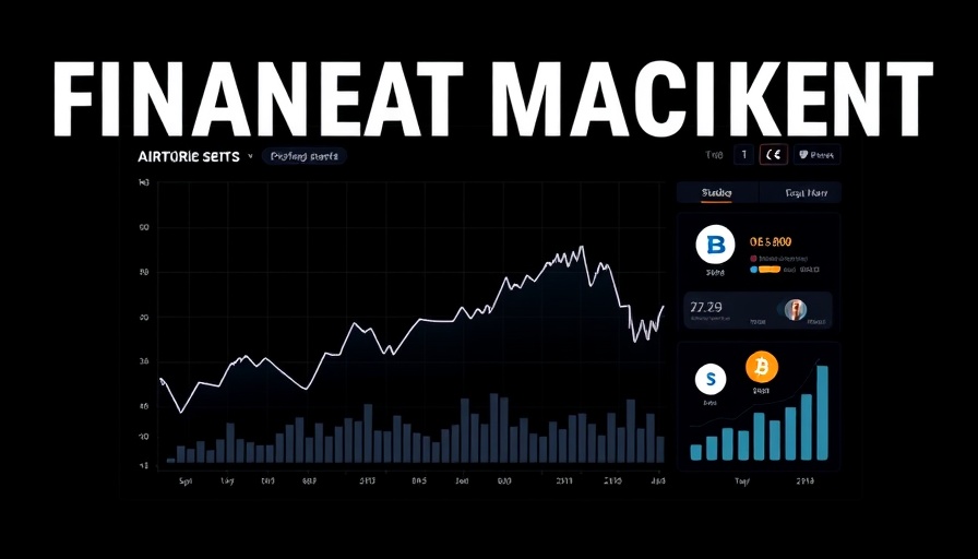 Financial dashboard graphic with stock chart and icons.