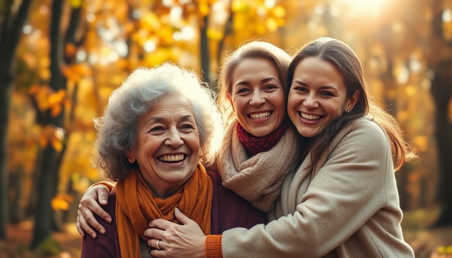 Senior woman with family in autumn forest, showing love and happiness.