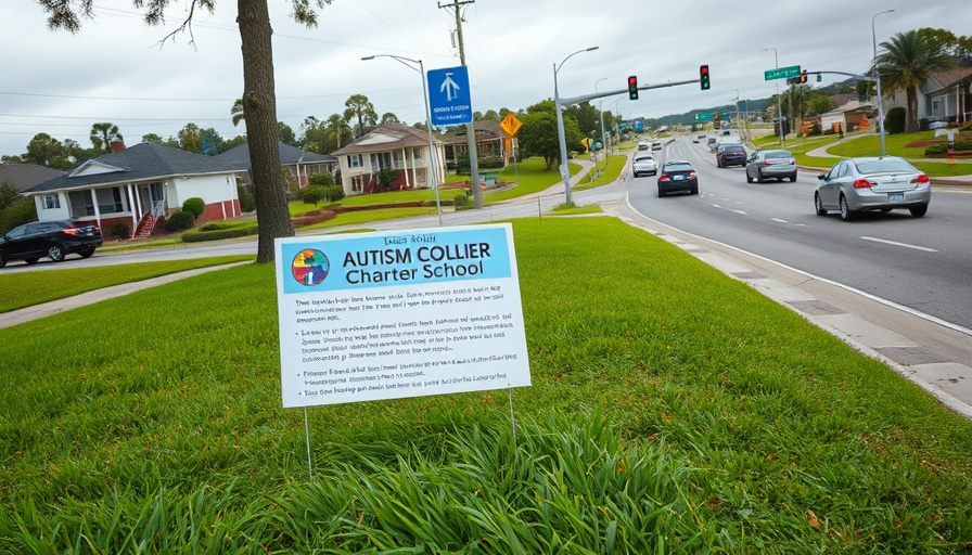 Informational sign for autism resources in Collier County by roadside.