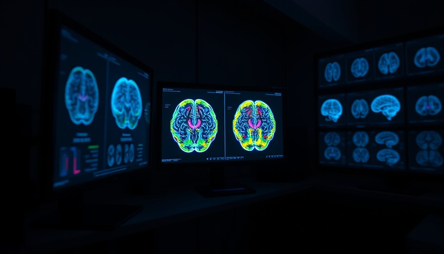 Colorful brain scans on monitors, neural activity visualization, dark room.