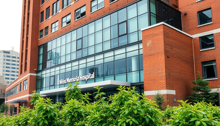 Exterior of Weiss Memorial Hospital amid Medicare funding loss concerns, captured with urban and natural elements.