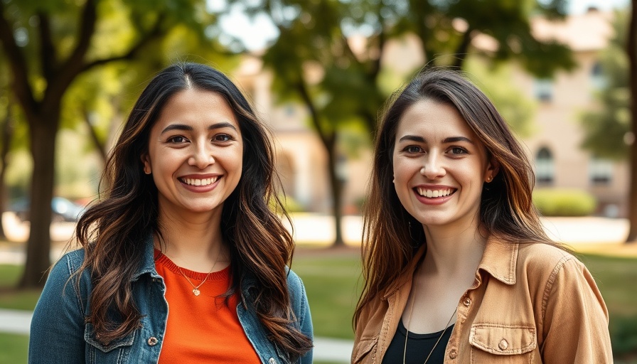 Two women smiling outdoors, innovative programming senior living backdrop.