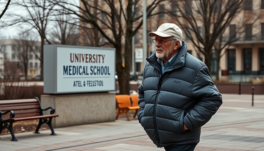 Elderly man walking by Northwestern University's medical school.