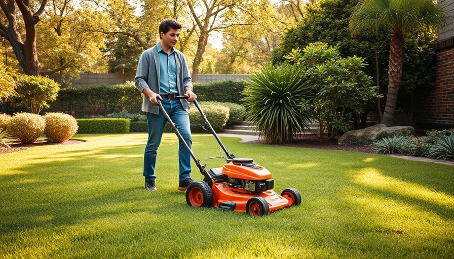 Man mowing lawn in garden for lawn fertilization and weed control services Muskegon.