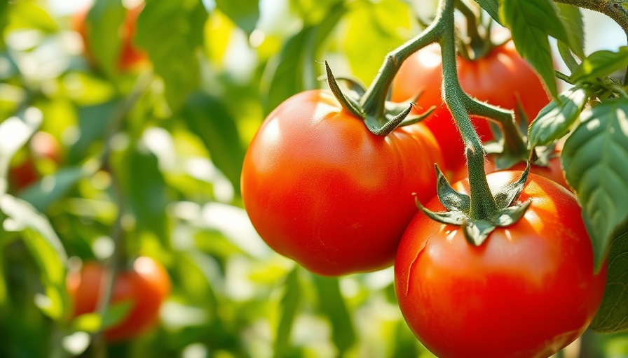 Cracked tomatoes on vine in sunlight, lush green leaves.