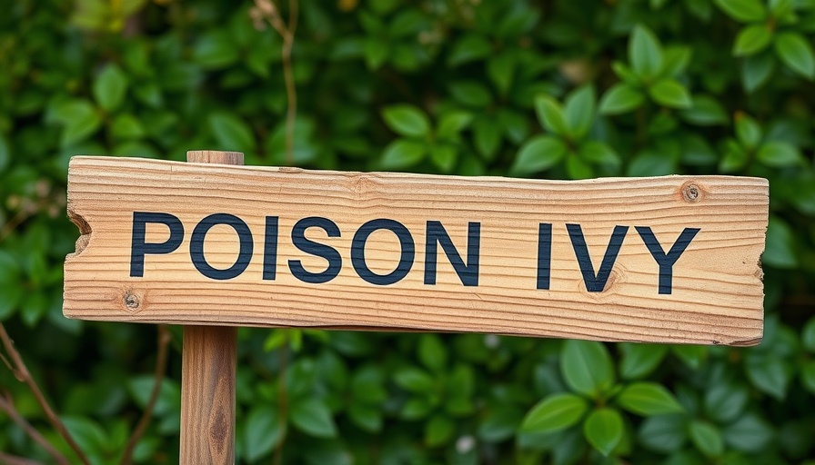 Rustic sign warning about poison ivy surrounded by green plants.