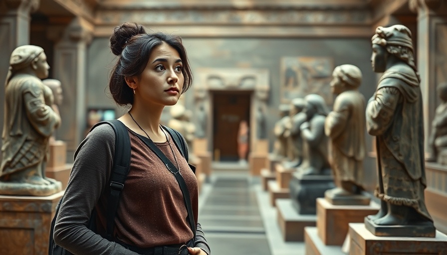 Academic woman contemplating ancient sculptures amid funding cuts to ancient DNA research.