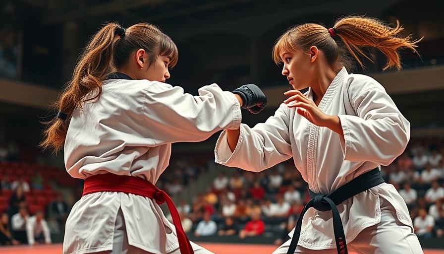 Women's karate champion intense match in vibrant sports arena.