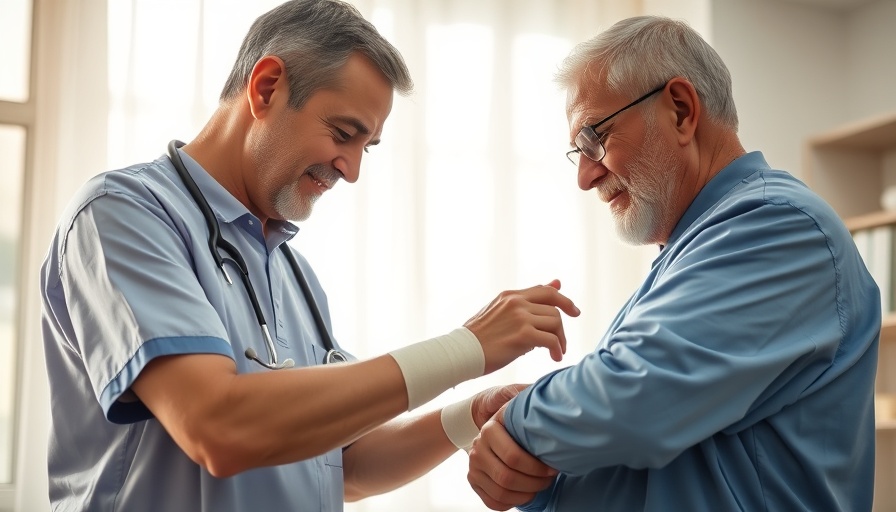 Healthcare professional assisting senior man post-vaccine in clinic.