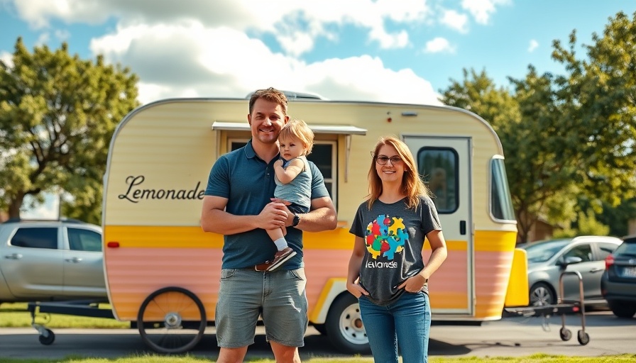 Family with lemonade trailer for autism awareness on a sunny day