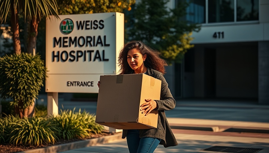 Woman carries box past Weiss Hospital entrance sign amid Medicare funding cuts.