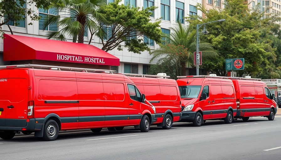 Red utility vans parked at a hospital, bright day outside.