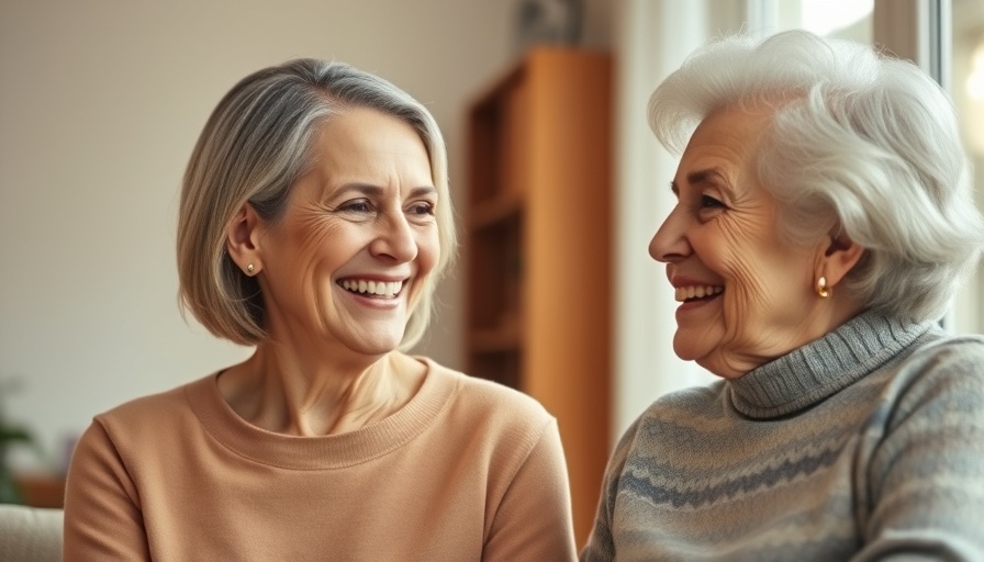 Middle-aged woman supporting elderly woman, promoting independent living resources for seniors.