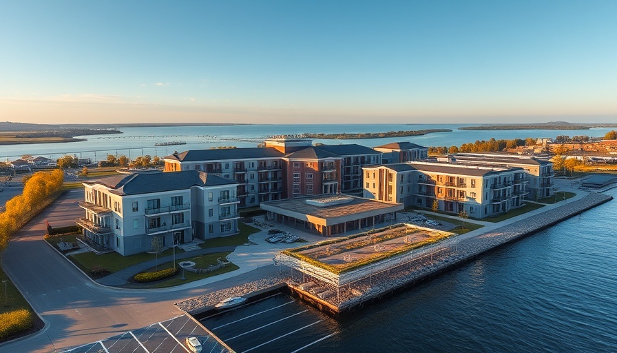 Modern senior living facility with waterfront view.