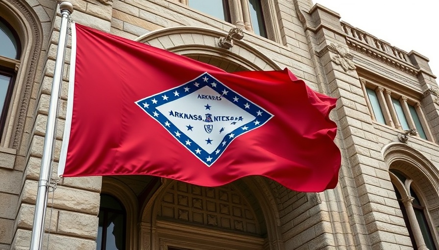 Arkansas flag in front of a stone building, symbolizing Arkansas health insurance rate hikes 2026.