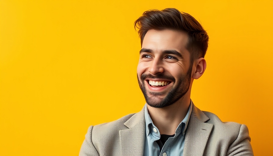 Portrait of a man smiling confidently against a yellow backdrop.