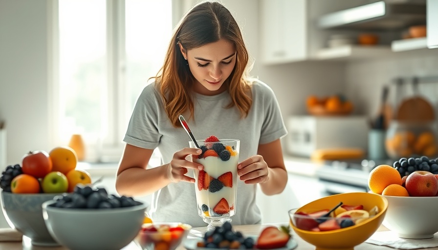 Preparing a healthy yogurt parfait to improve gut health for weight loss.