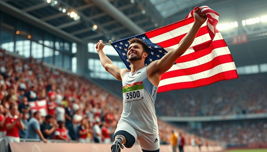 Adaptive athlete celebrating with American flag on the track.