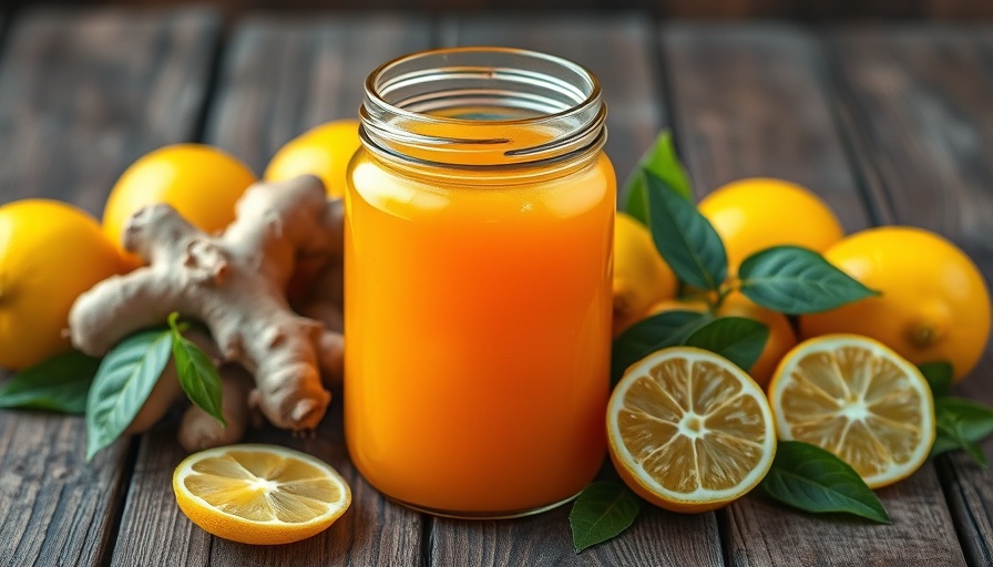 Jar of orange liquid with ginger and lemons on wooden surface.