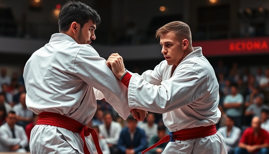 Martial artists sparring in a competitive match, focused expressions.