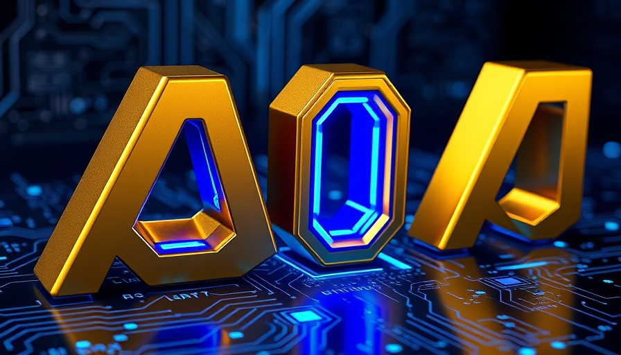 Futuristic AI letters with blue digital circuit background.