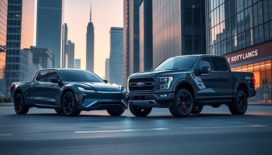 Better Buy Rivian vs. Ford comparison with electric trucks in city.