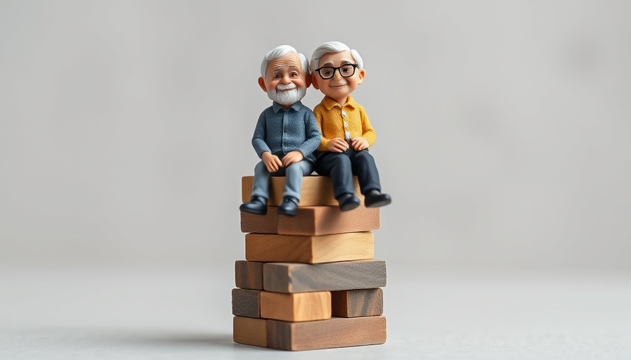 Miniature elderly couple on block tower symbolizing retirement planning uncertainty.