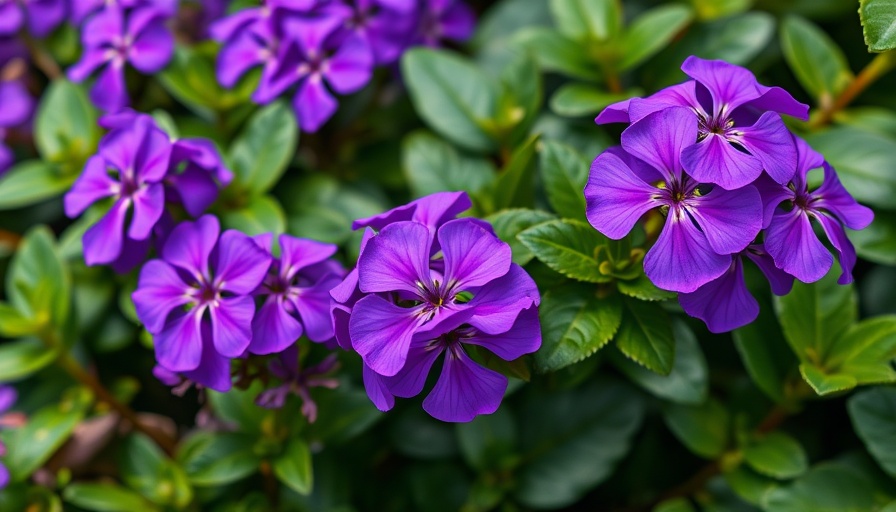 Vibrant periwinkle flowers in a plant shade garden, lush greenery.
