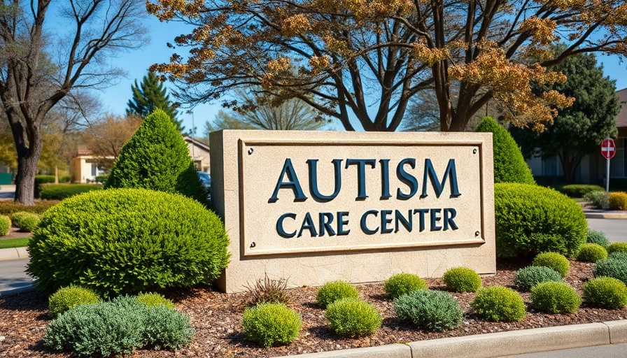 Signage of autism care center in garden setting.
