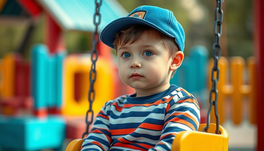Young boy sitting on a swing, contemplating, in a vibrant playground. Autism care in schools.