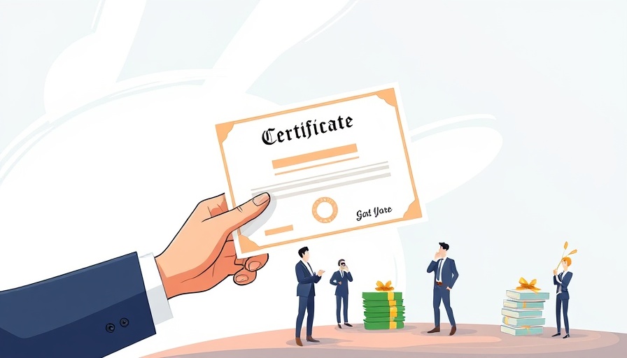 Economic illustration with hand holding certificate and money stacks.