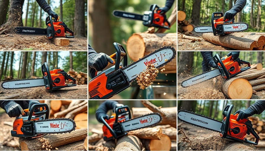 Collage of battery-powered chainsaws in dynamic action shots outdoors.
