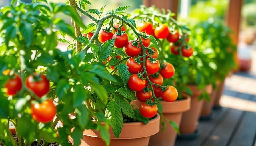 Vibrant potted tomato plants with ripe tomatoes on a sunny porch.