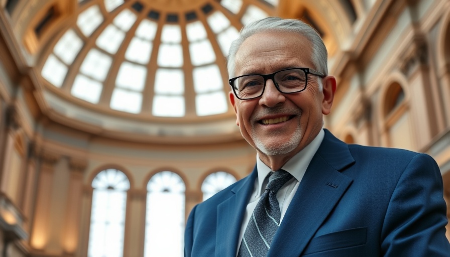 Smiling older man in blue suit inside an ornate building, Social Security.
