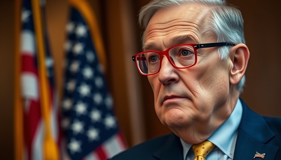 Thoughtful older man with red glasses in blue suit, American flag background.