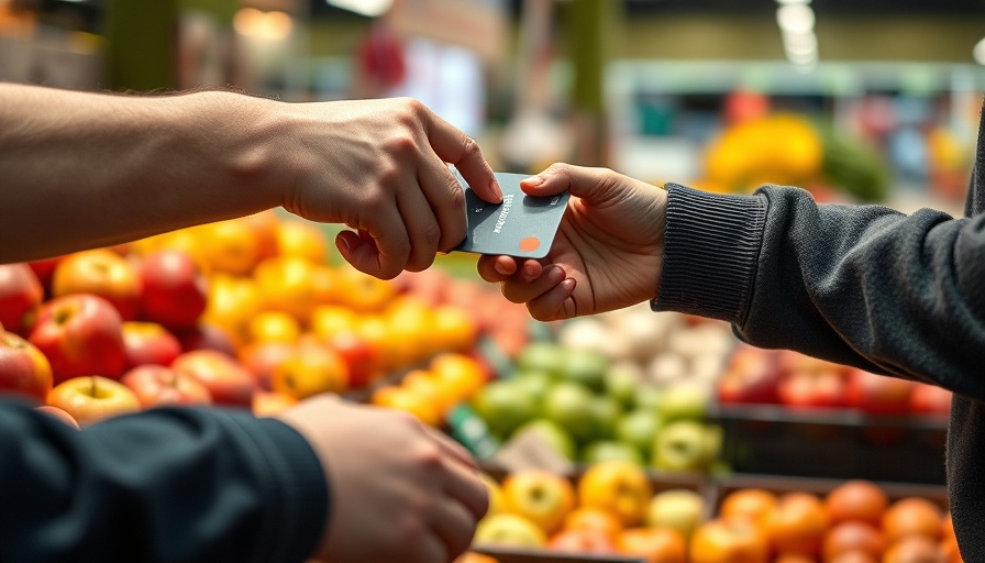 Close-up transaction at market counter, credits card exchange indicating SSI benefits use.