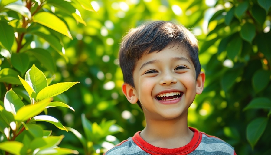 Young boy smiling happily in a garden setting for autism awareness McKeesport.
