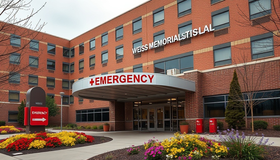 Weiss Memorial Hospital entrance with emergency sign, front view.