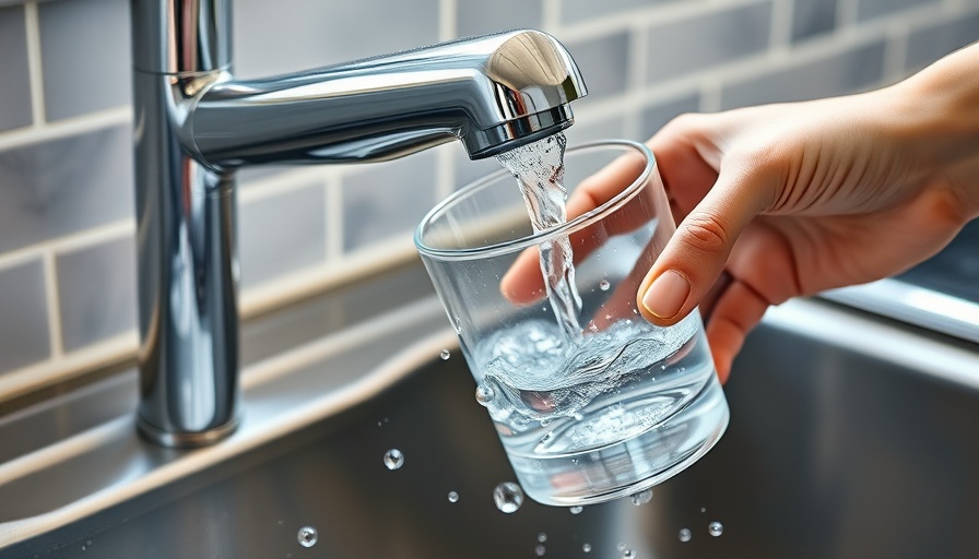 Modern kitchen faucet running water into glass, photorealistic scene.