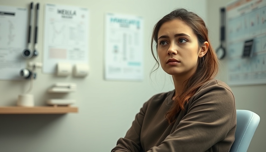 Concerned young woman in doctor's office, contemplating symptoms.
