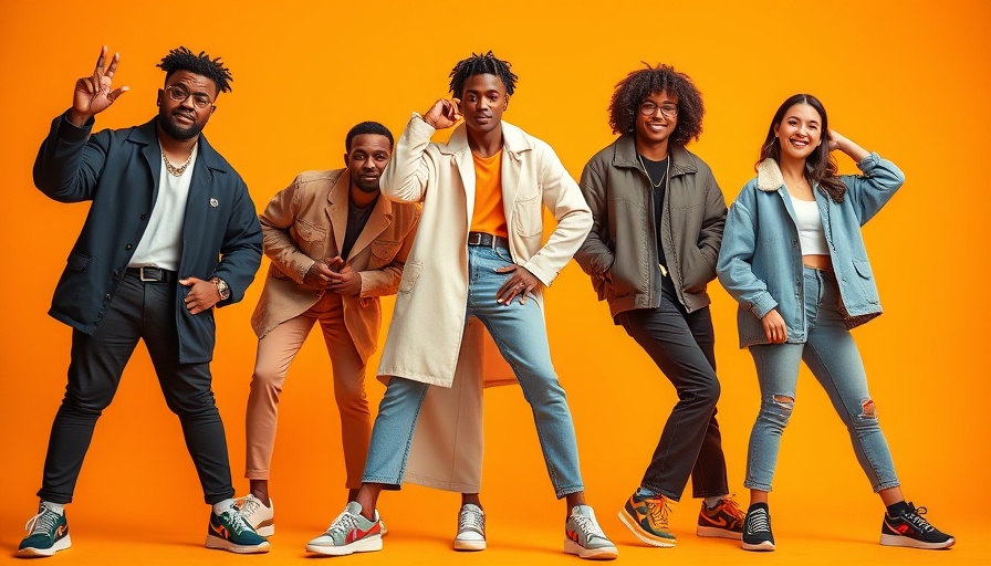 Fashionable trio in stylish sneakers against bright orange backdrop.