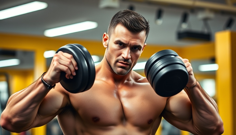 Man lifting dumbbells in gym, shoulder workout.