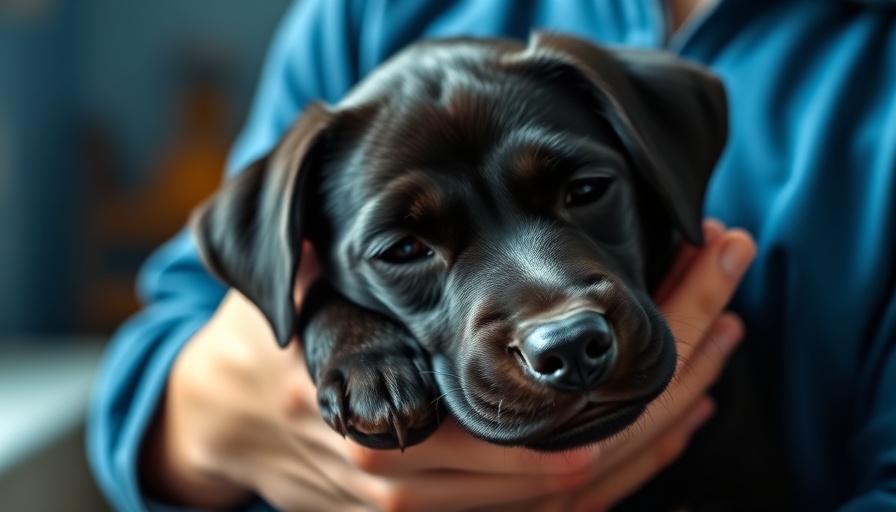 Gentle black dog being comforted during adopting senior dogs process.