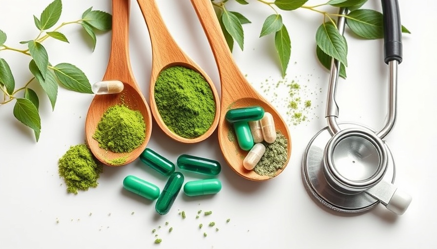 Complementary and alternative medicine products with capsules and green powder.